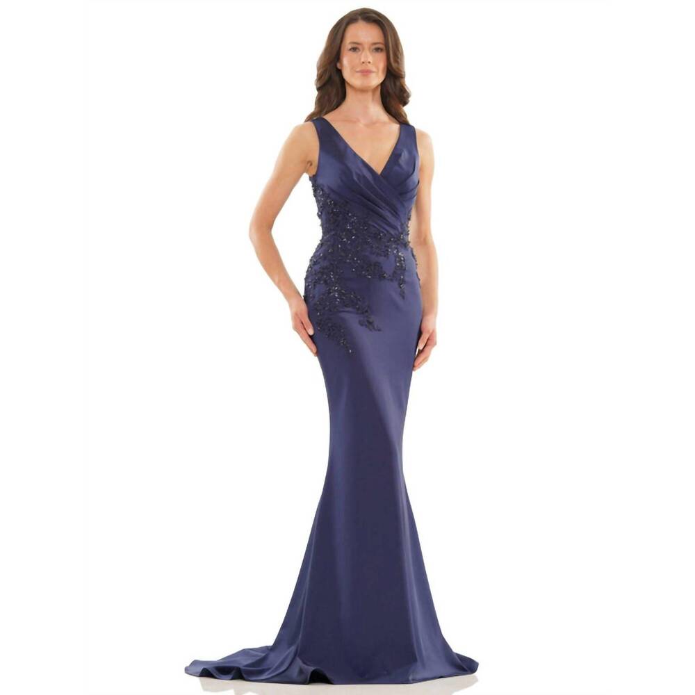 NEW COLORS DRESS wrapped v-neck applique gown in navy